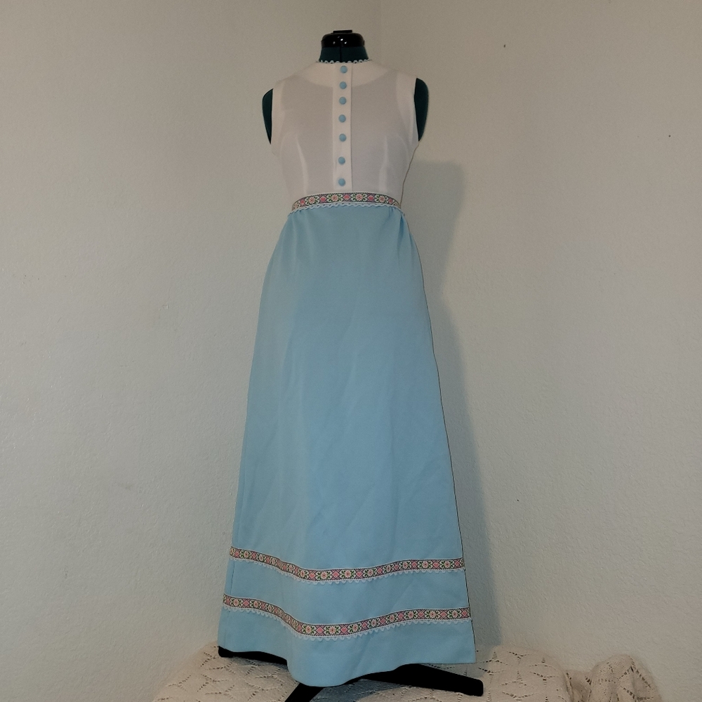 Vintage Vicky Prairie Blue/ White  Maxi  Cottagecore With Floral Eyelet Trim